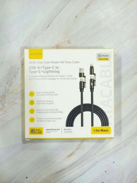 Basemo 240W One-Click Power-Off Data Cable (USB-A + Type-C to Type-C + Lightning) with a 1.5m black l Hover